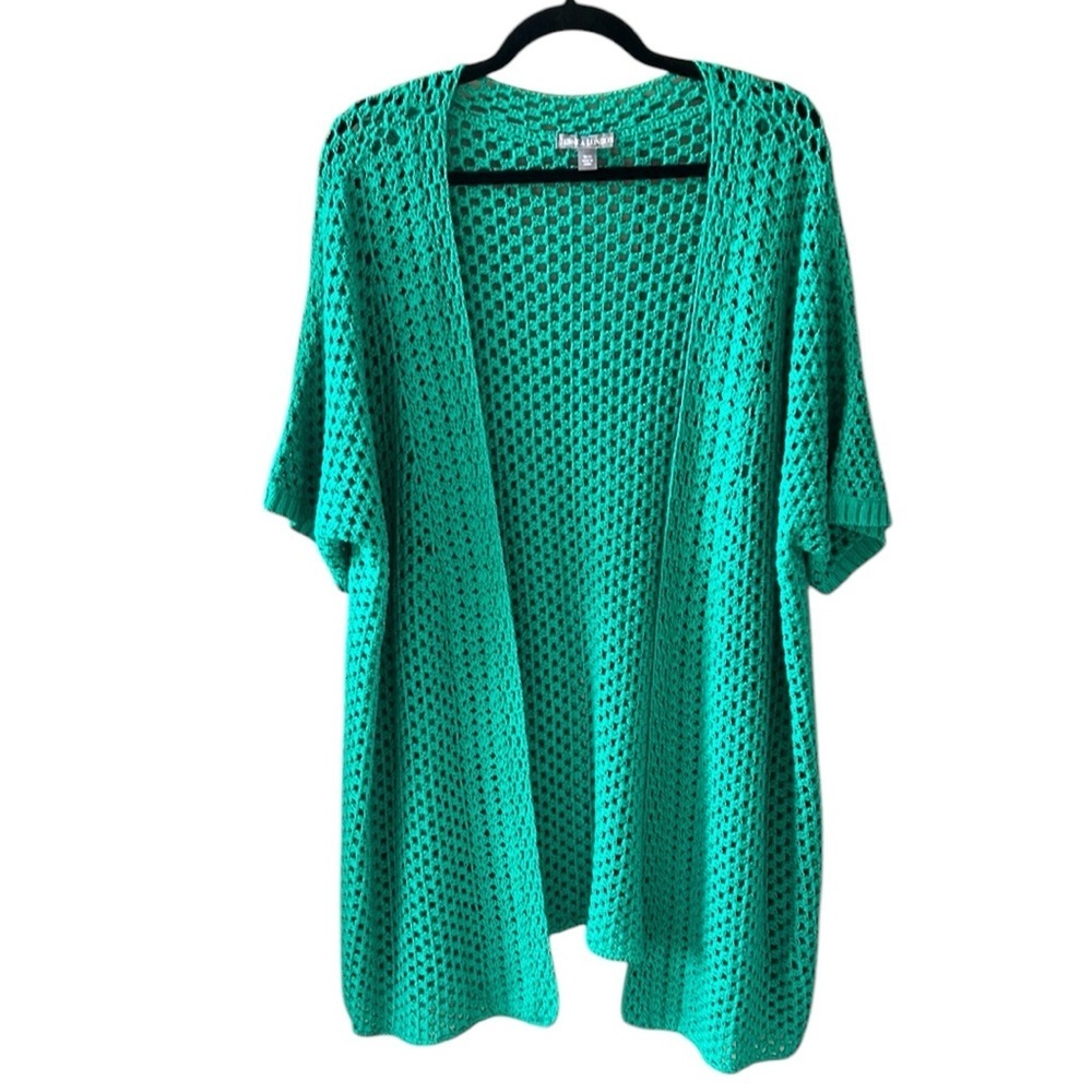 Jessica London 18/20 Kelly Green Crocheted Open Front Longline Cardigan